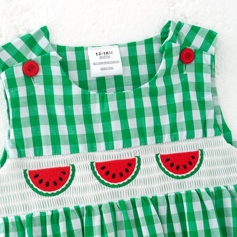 （In Stock）Toddler Boys Spring and Summer Watermelon Embroidery Smocked Romper