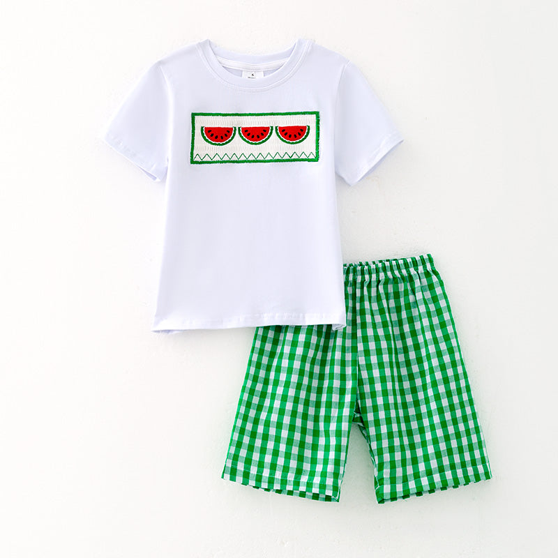 （In Stock）Boys Spring and Summer Watermelon Embroidery Smocked Shorts Set