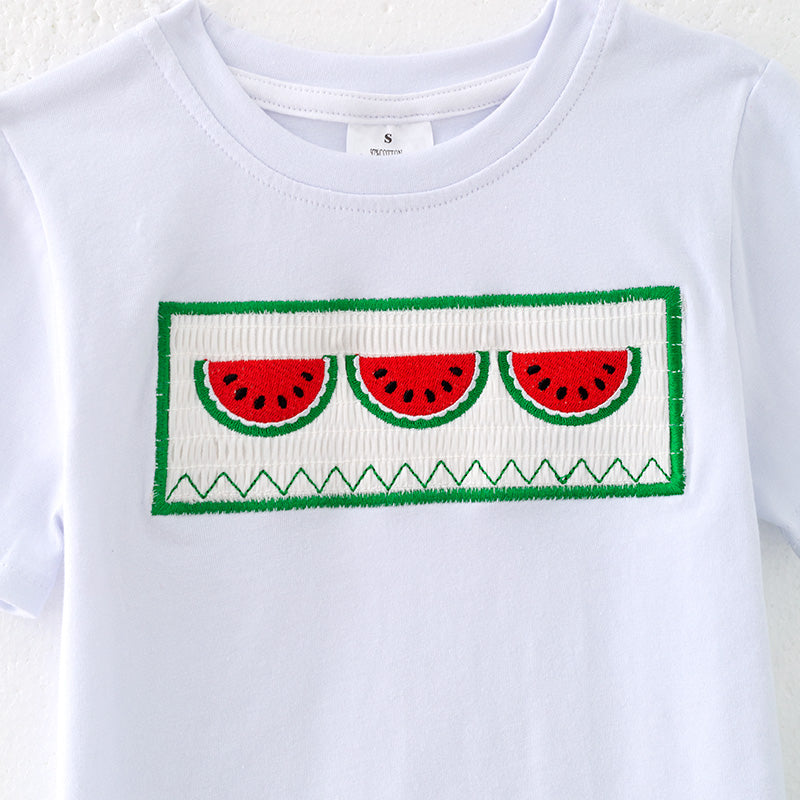 （In Stock）Boys Spring and Summer Watermelon Embroidery Smocked Shorts Set