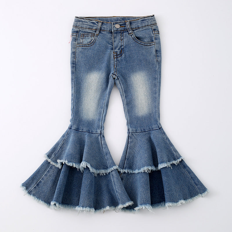 （In Stock G29-1-3）Girls Blue Ruffles Flared Jeans