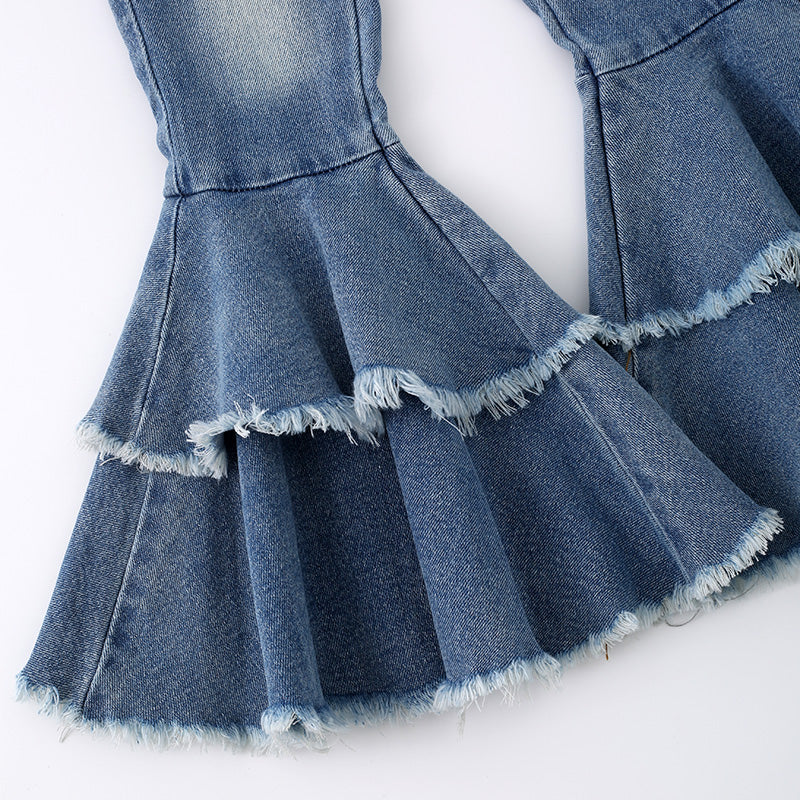 （In Stock G29-1-3）Girls Blue Ruffles Flared Jeans