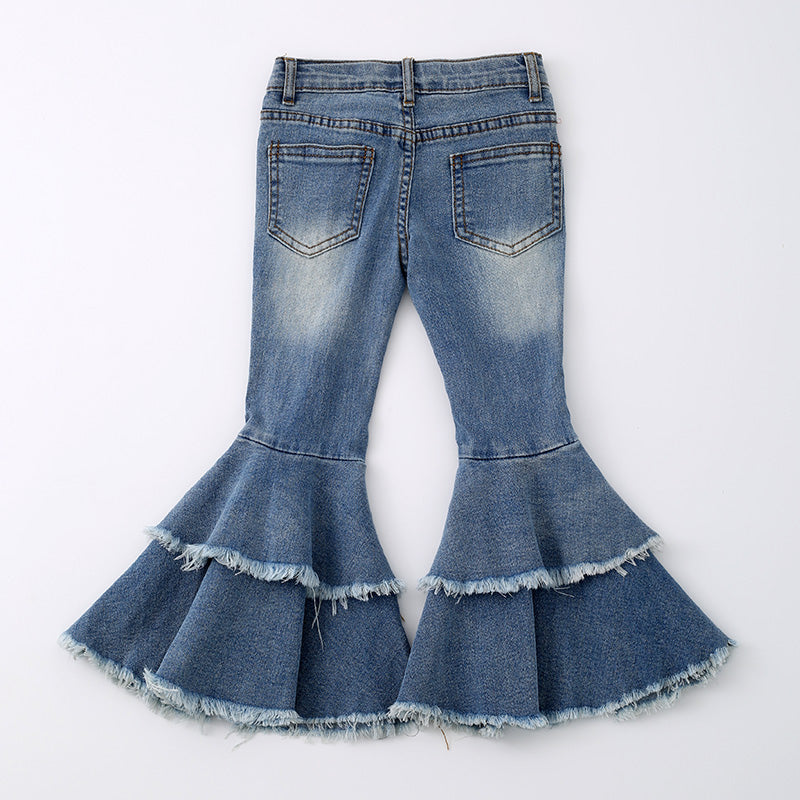 （In Stock G29-1-3）Girls Blue Ruffles Flared Jeans