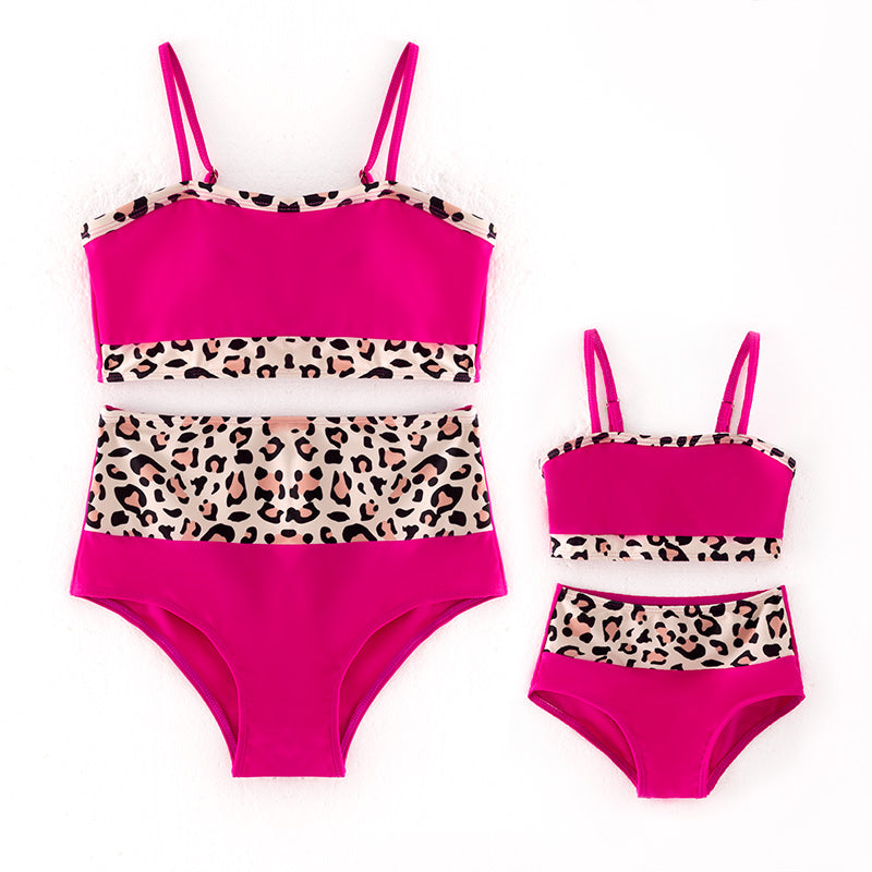 （In Stock）Mommy and Me Summer Hot Pink Leopard Print Swimsuit