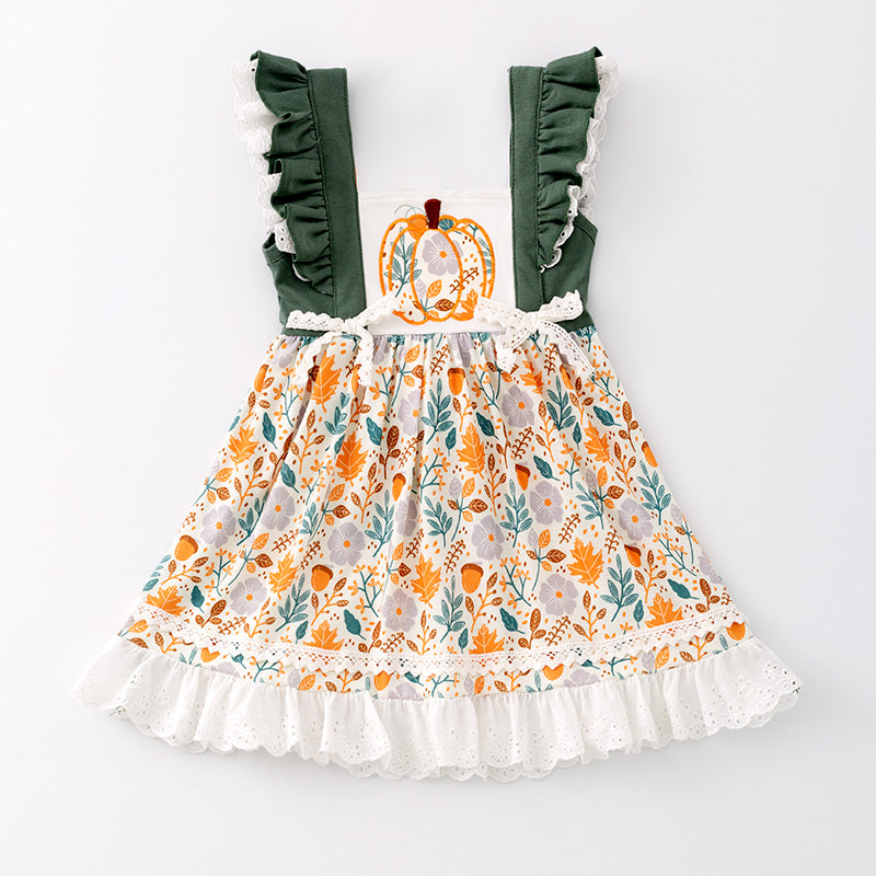 （In Stock G29-3-3）Girls Halloween Pumpkin Embroidery Dress