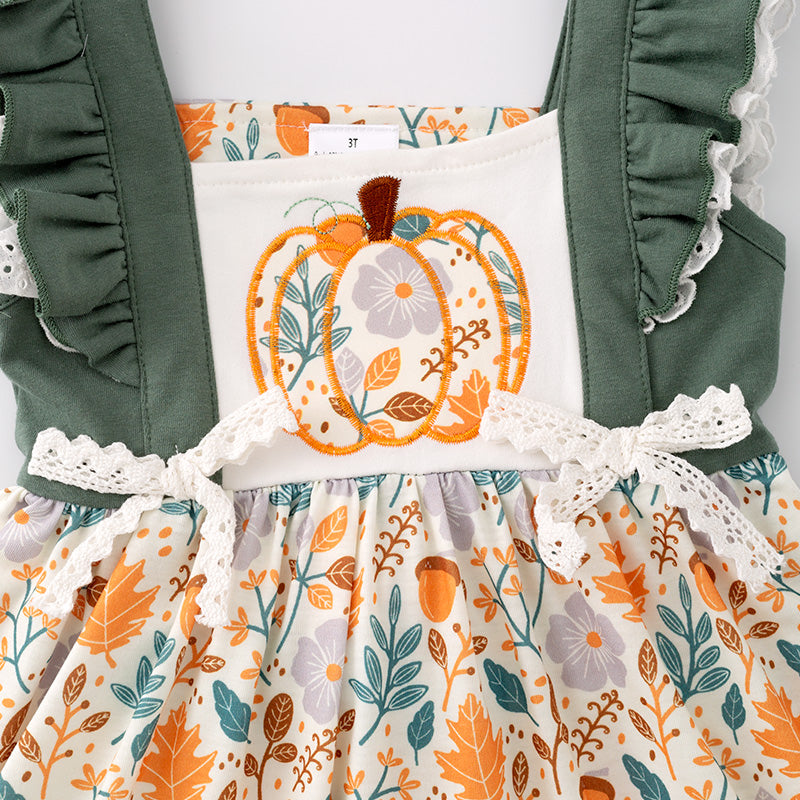 （In Stock G29-3-3）Girls Halloween Pumpkin Embroidery Dress