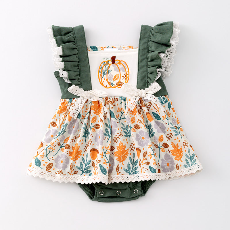 （In Stock G29-3-3）Baby Girls Halloween Pumpkin Embroidery Romper