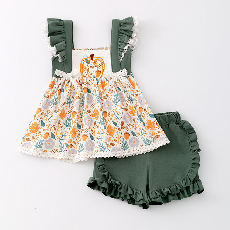 （In Stock G29-3-3）Girls Halloween Pumpkin Embroidery Short Set