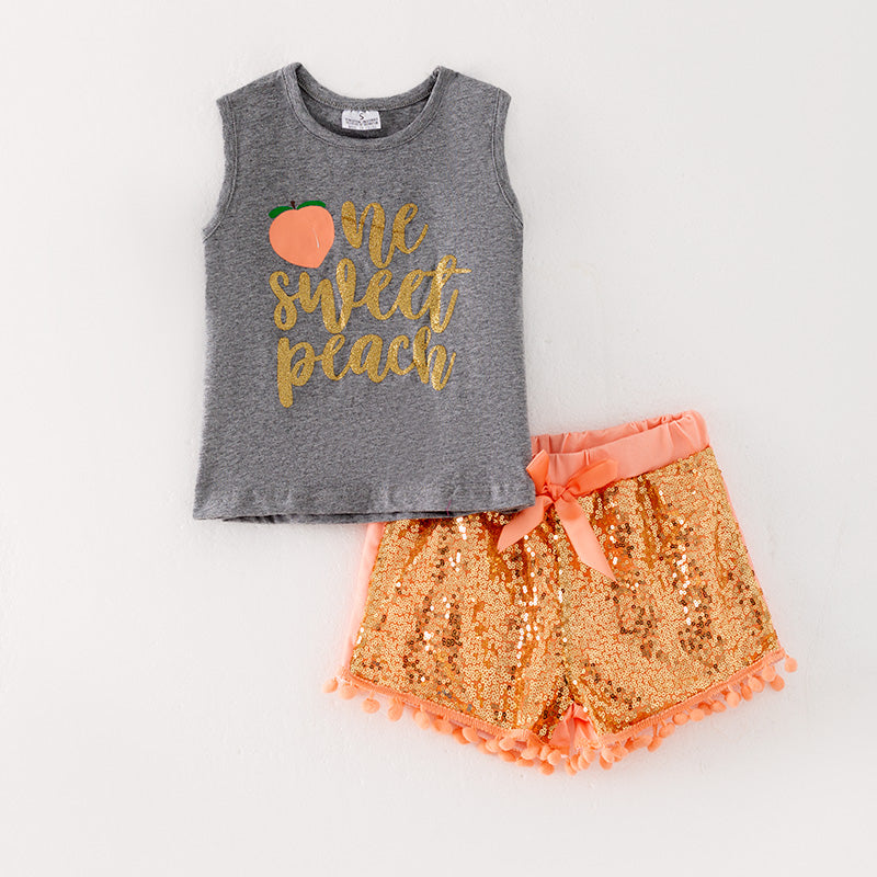 （In Stock）One Pack(1 Pieces total) Sale Girls Spring and Summer Peach Print Sequin Shorts Set