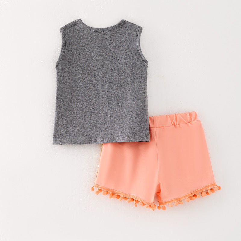 （In Stock）One Pack(1 Pieces total) Sale Girls Spring and Summer Peach Print Sequin Shorts Set