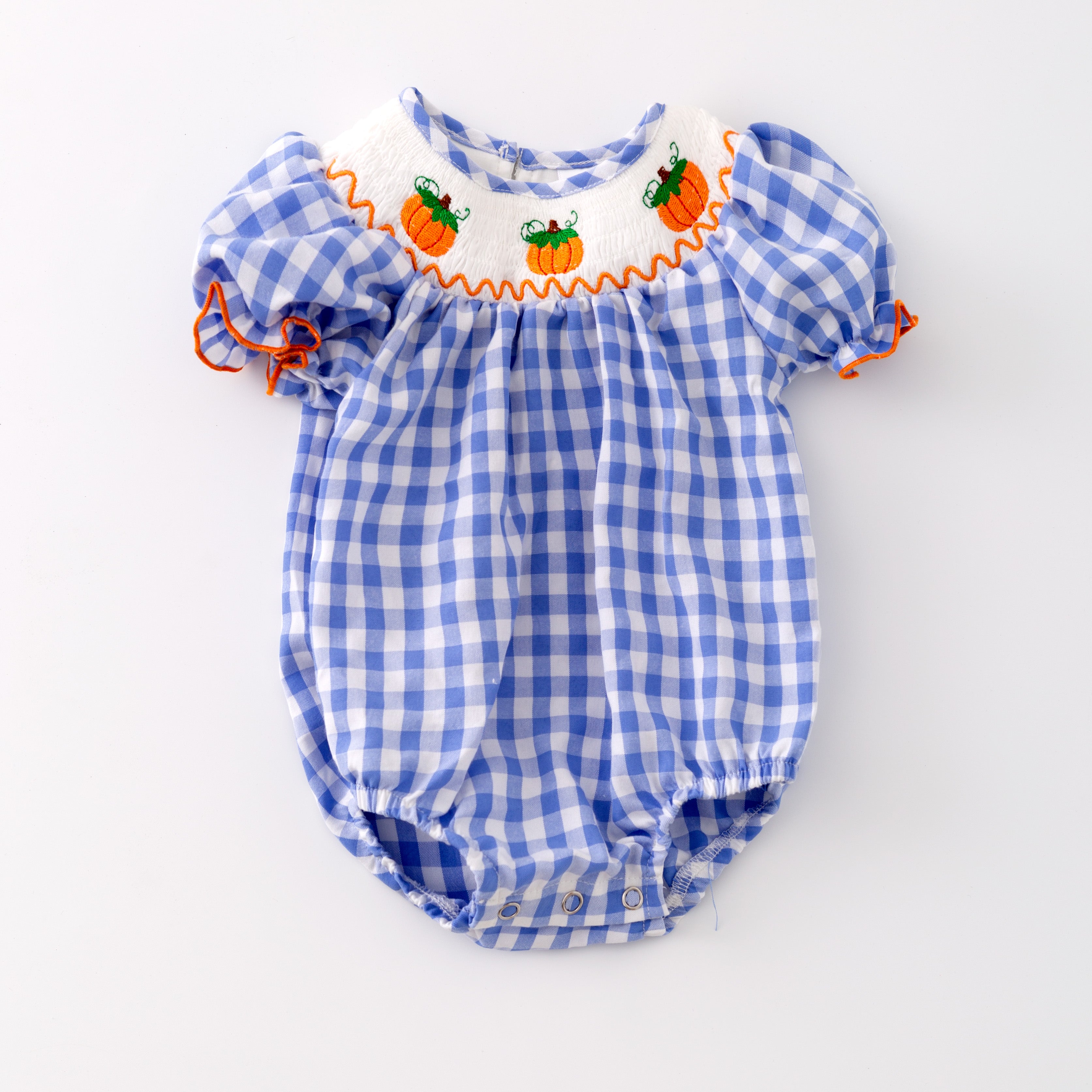 （In Stock G29-2-1）Baby Girls Halloween Blue Plaid Embroidery Romper