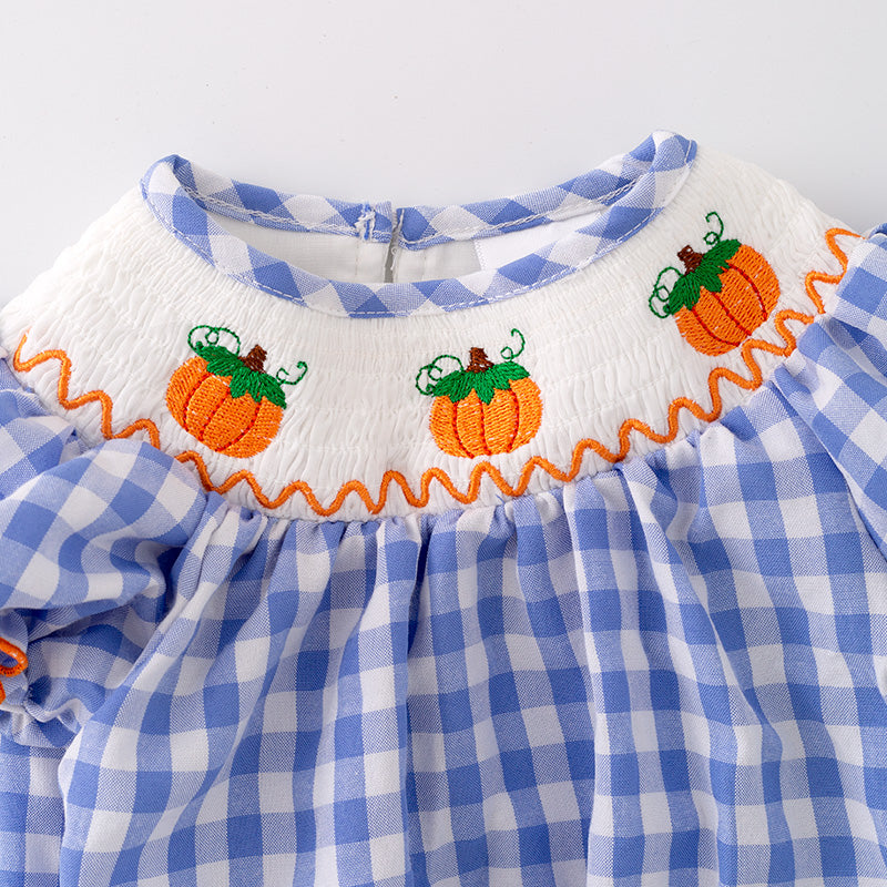 （In Stock G29-2-1）Baby Girls Halloween Blue Plaid Embroidery Romper