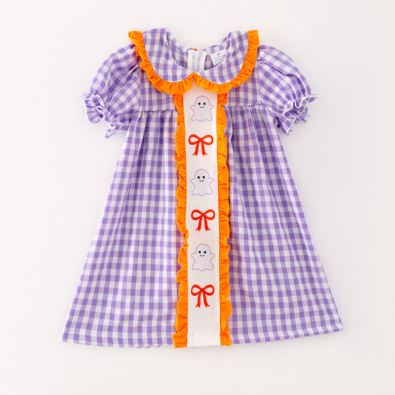 （In Stock G29-5-3）Girls Halloween Lavender Plaid Embroidery Dress