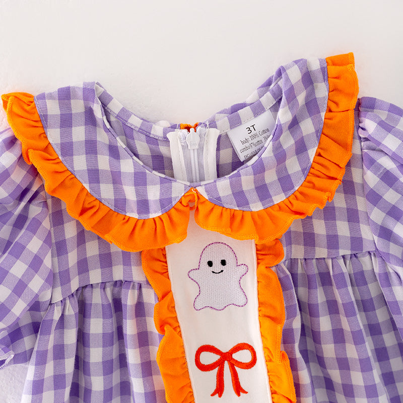 （In Stock G29-5-3）Girls Halloween Lavender Plaid Embroidery Dress