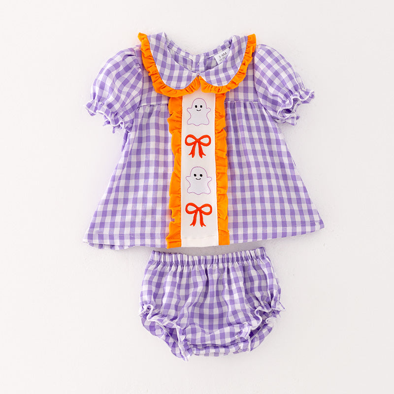 （In Stock G29-5-3）Baby Girls Halloween Lavender Plaid Embroidery Bloomer Set