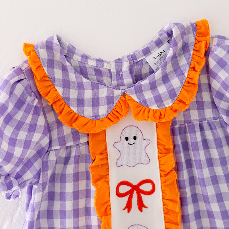 （In Stock G29-5-3）Baby Girls Halloween Lavender Plaid Embroidery Bloomer Set