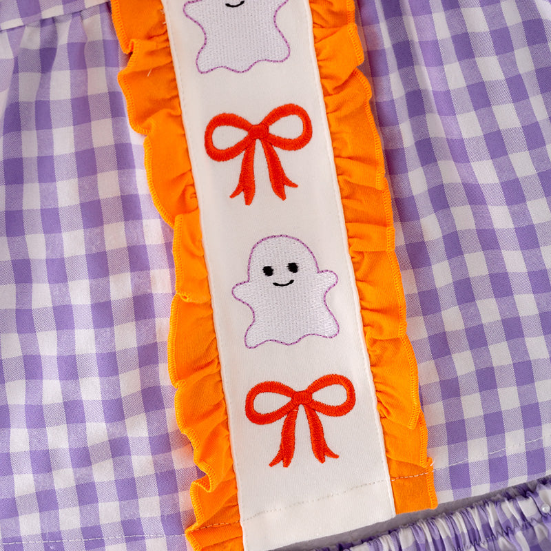 （In Stock G29-5-3）Baby Girls Halloween Lavender Plaid Embroidery Bloomer Set