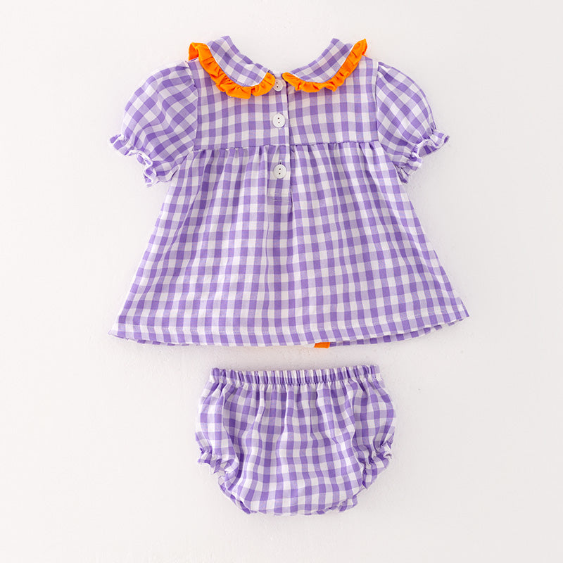 （In Stock G29-5-3）Baby Girls Halloween Lavender Plaid Embroidery Bloomer Set