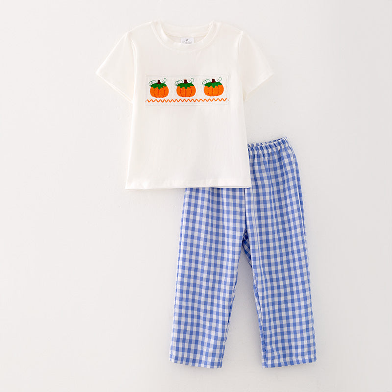 （In Stock G29-5-3）Boys Halloween Blue Plaid Embroidery Outfit Set