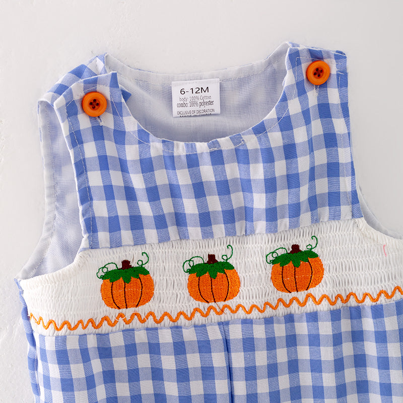 （In Stock G29-4-2）Baby Boys Halloween Blue Plaid Embroidery Romper