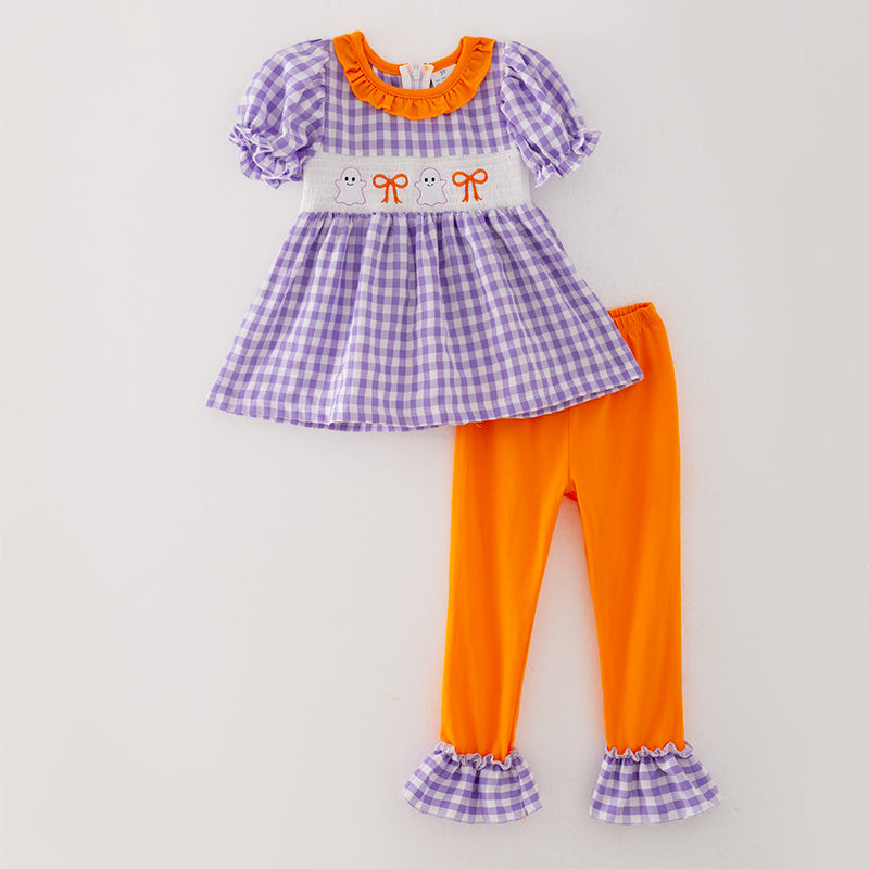 （In Stock G29-5-3）Girls Halloween Lavender Plaid Embroidery Outfit Set