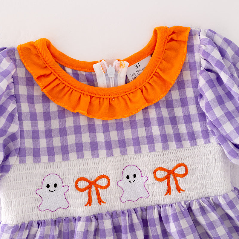 （In Stock G29-5-3）Girls Halloween Lavender Plaid Embroidery Outfit Set