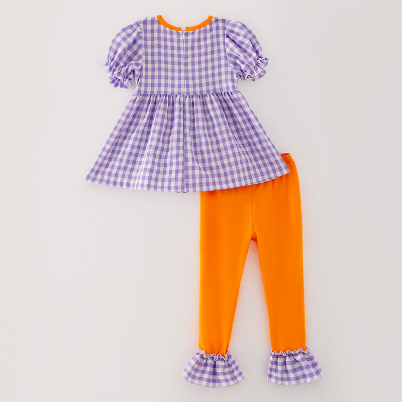 （In Stock G29-5-3）Girls Halloween Lavender Plaid Embroidery Outfit Set