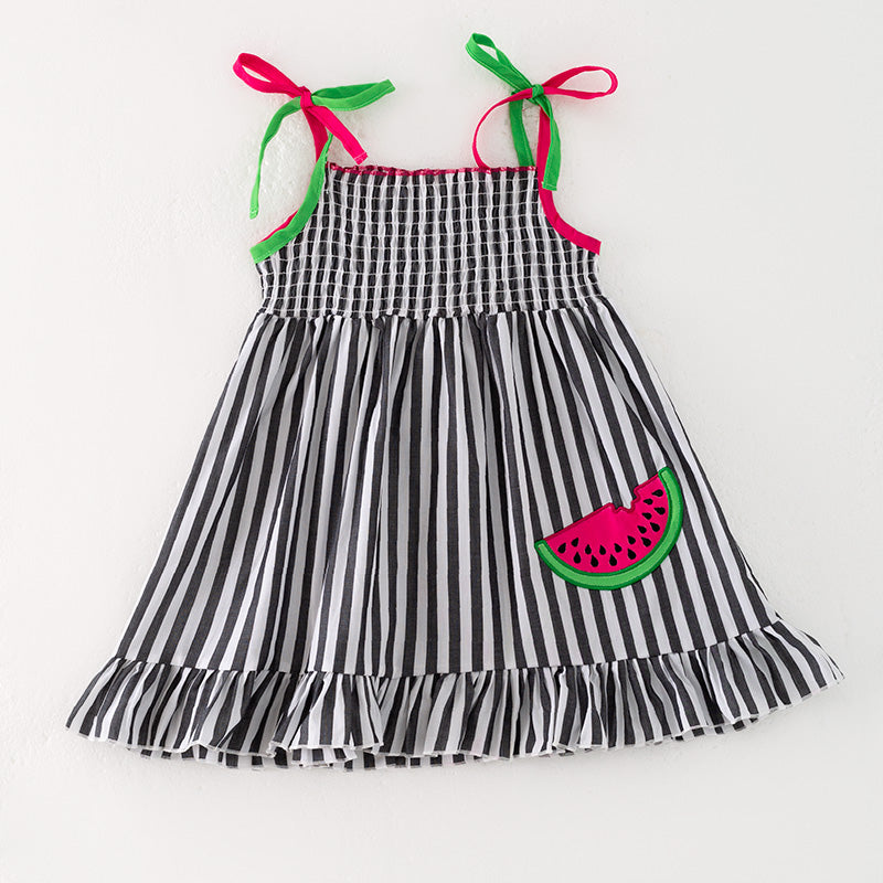 （In Stock）Girls Spring and Summer Watermelon Applique Smocked Slip Dress