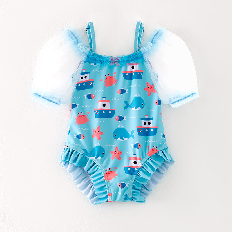 （In Stock）Girls Summer Sea Print Swimsuit