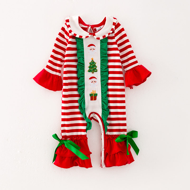 （In Stock L9-3-2）Baby Girls Christmas Print Stripe Romper