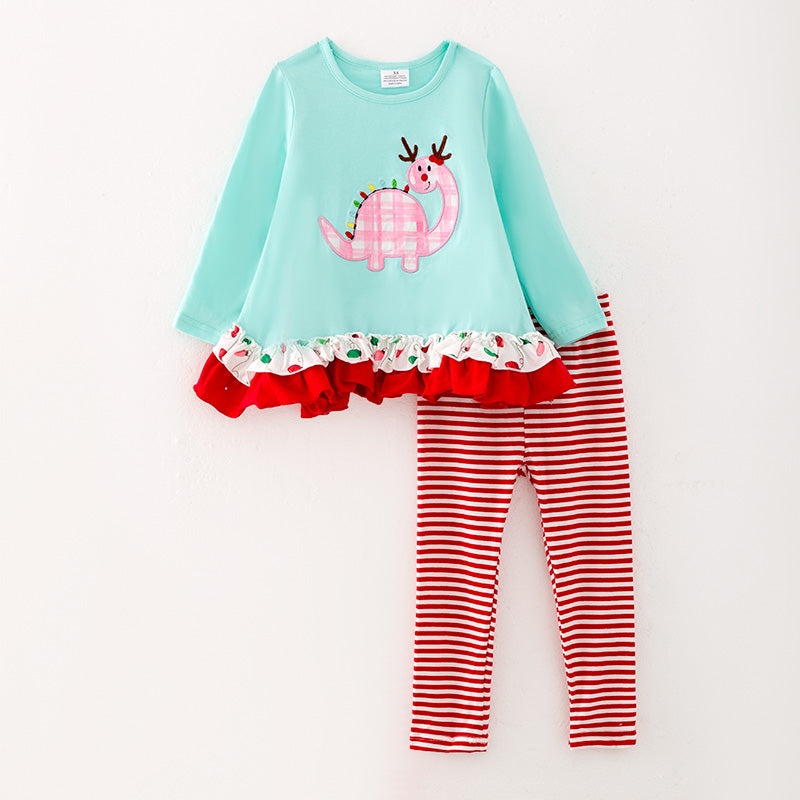 （In Stock G7-5-1）Girls Christmas Print Stripe Outfit Set