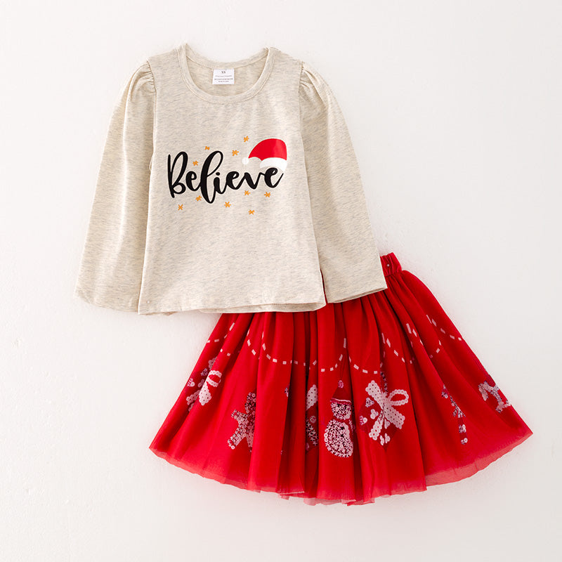 （In Stock G21-2-1）Girls Christmas Print Skirt Set