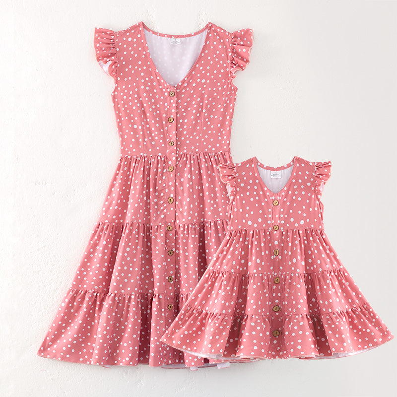 （In Stock）Mommy and Me Spring＆Summer Coral Polka Dot Dress