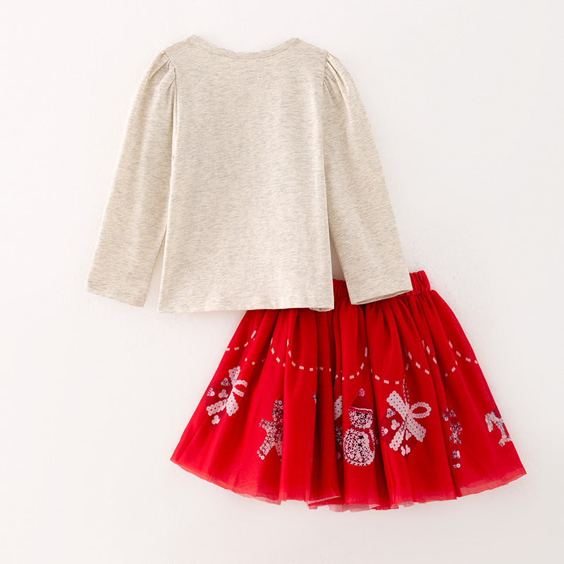 （In Stock G21-2-1）Girls Christmas Print Skirt Set