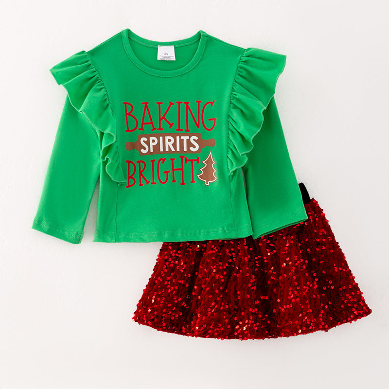 （In Stock G9-2-3）Girls Christmas Print Velvet Skirt Set