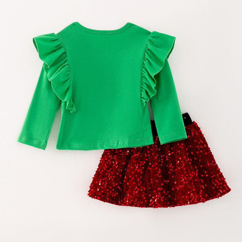 （In Stock G9-2-3）Girls Christmas Print Velvet Skirt Set