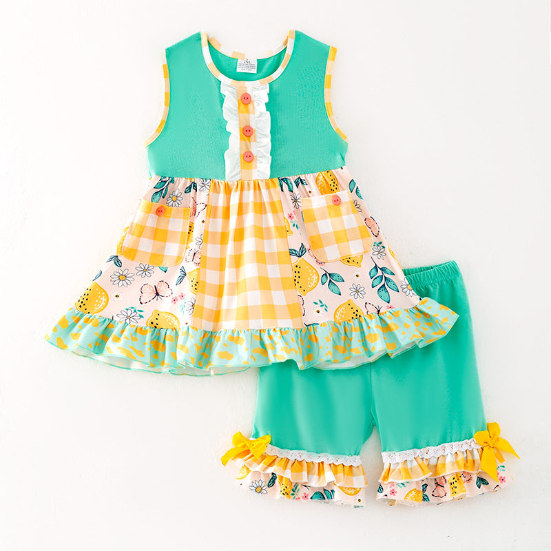 （In Stock）One Pack(1 Pieces total) Sale Girls Spring and Summer Lemon Print Shorts Set