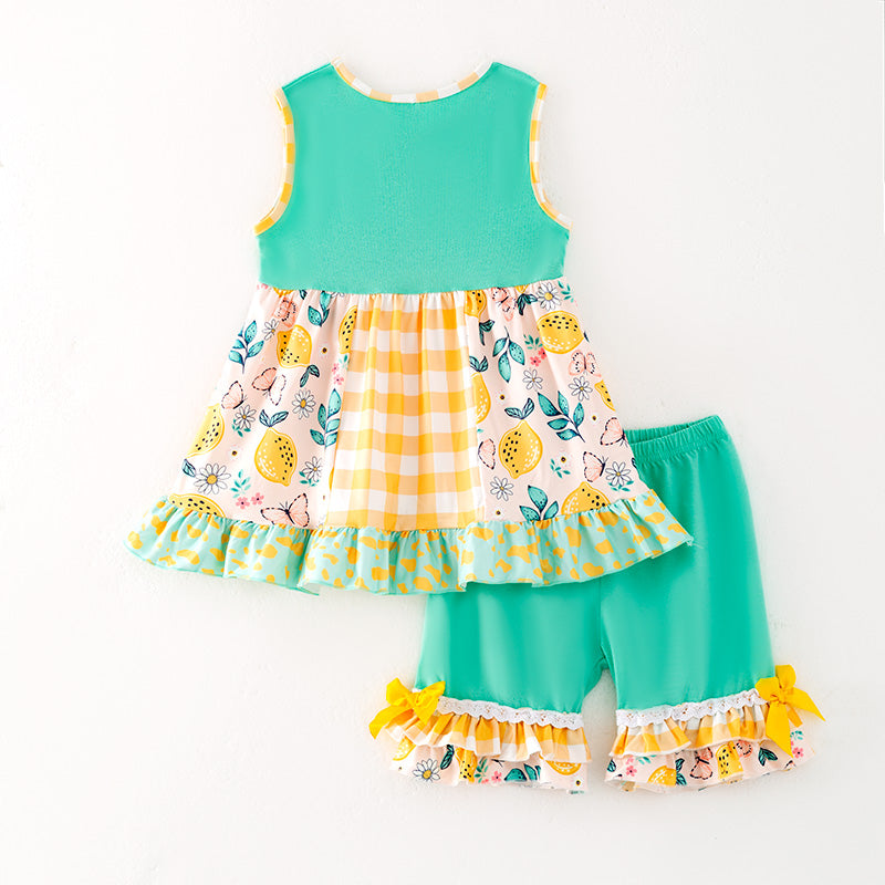 （In Stock）One Pack(1 Pieces total) Sale Girls Spring and Summer Lemon Print Shorts Set