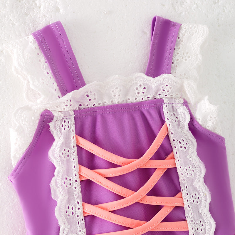 （In Stock）Girls Summer Pink Purple Lace Swimsuit