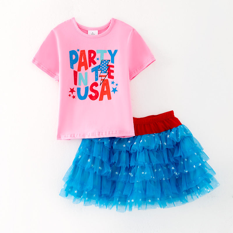 （In Stock）Girls  Patriotic Print Cotton Top Tulle Skirt Set