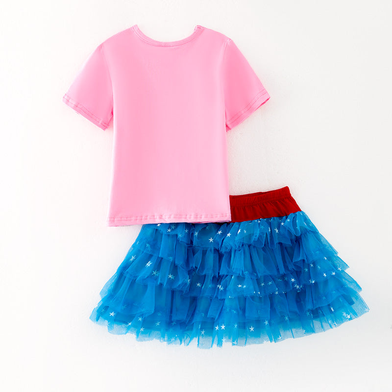 （In Stock）Girls  Patriotic Print Cotton Top Tulle Skirt Set