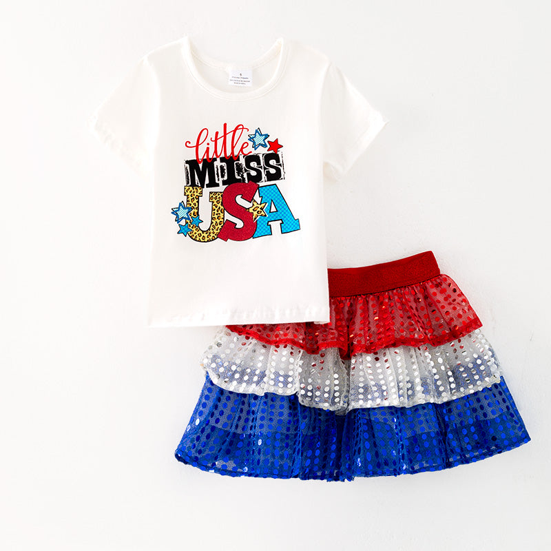 （In Stock）Girls Patriotic Print Sequin Skirt Set