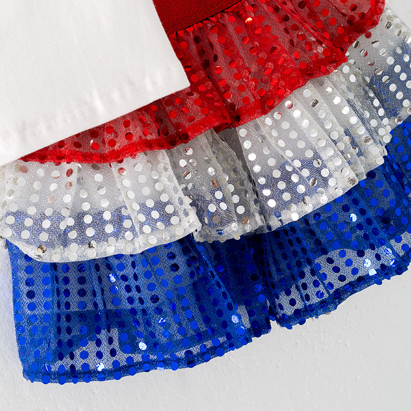 （In Stock）Girls Patriotic Print Sequin Skirt Set