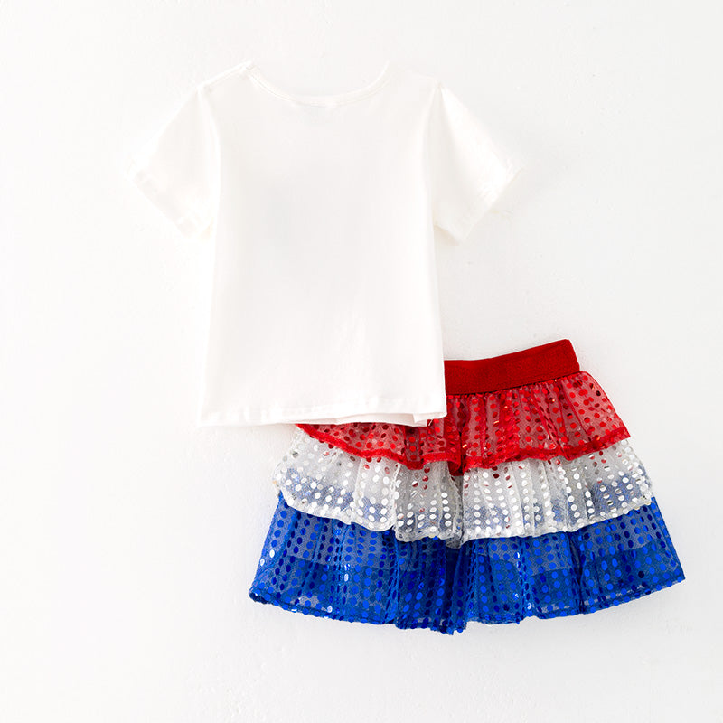 （In Stock）Girls Patriotic Print Sequin Skirt Set