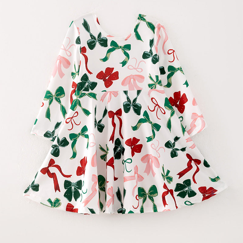 （Pre Order）Girls Christmas Bow Print Dress