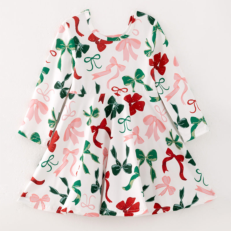 （Pre Order）Girls Christmas Bow Print Dress