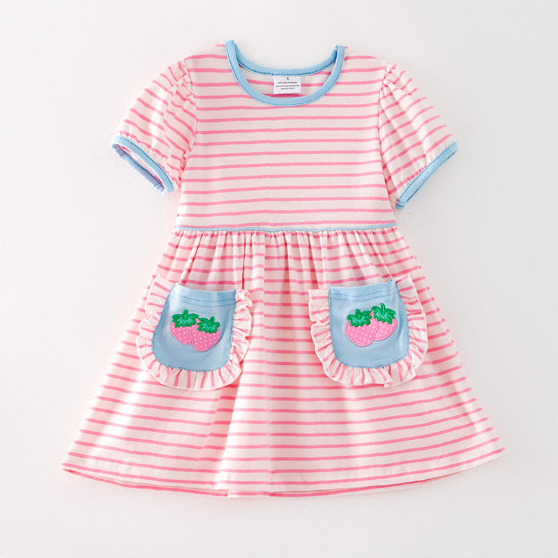 （In Stock）Girls Spring and Summer Strawberry Applique Cotton Dress