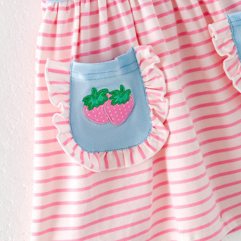 （In Stock）Girls Spring and Summer Strawberry Applique Cotton Dress