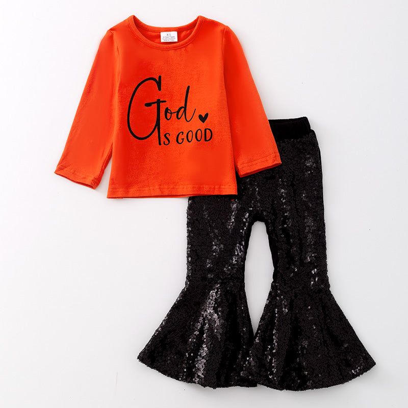 （In Stock L31-4-1）Girls Fall "God Is Good" Cotton Top Velvet Pants Set