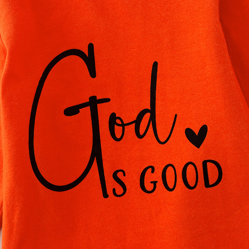 （In Stock L31-4-1）Girls Fall "God Is Good" Cotton Top Velvet Pants Set