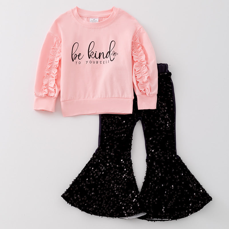 （In Stock L31-4-1）Girls Fall "Be Kind To Yourself" Cotton Top Velvet Pants Set